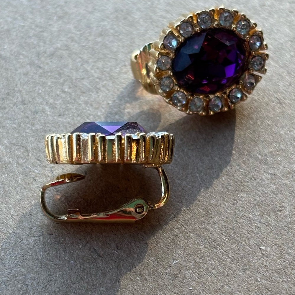 Christian Dior Amethyst Gold Plated Clip On Earrings Authentic Vintage - Picture 12 of 13